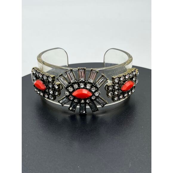 J. Crew Clear Lucite Embedded Red Clear rhinestones Antique Brass Cuff Bracelet - Picture 1 of 11